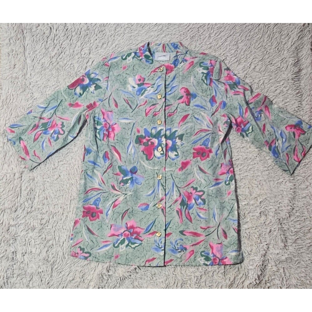 VTG Floral Blouse Woman’s Medium 3/4 Sleeve Pink Blue Gold Buttons Cottagecore